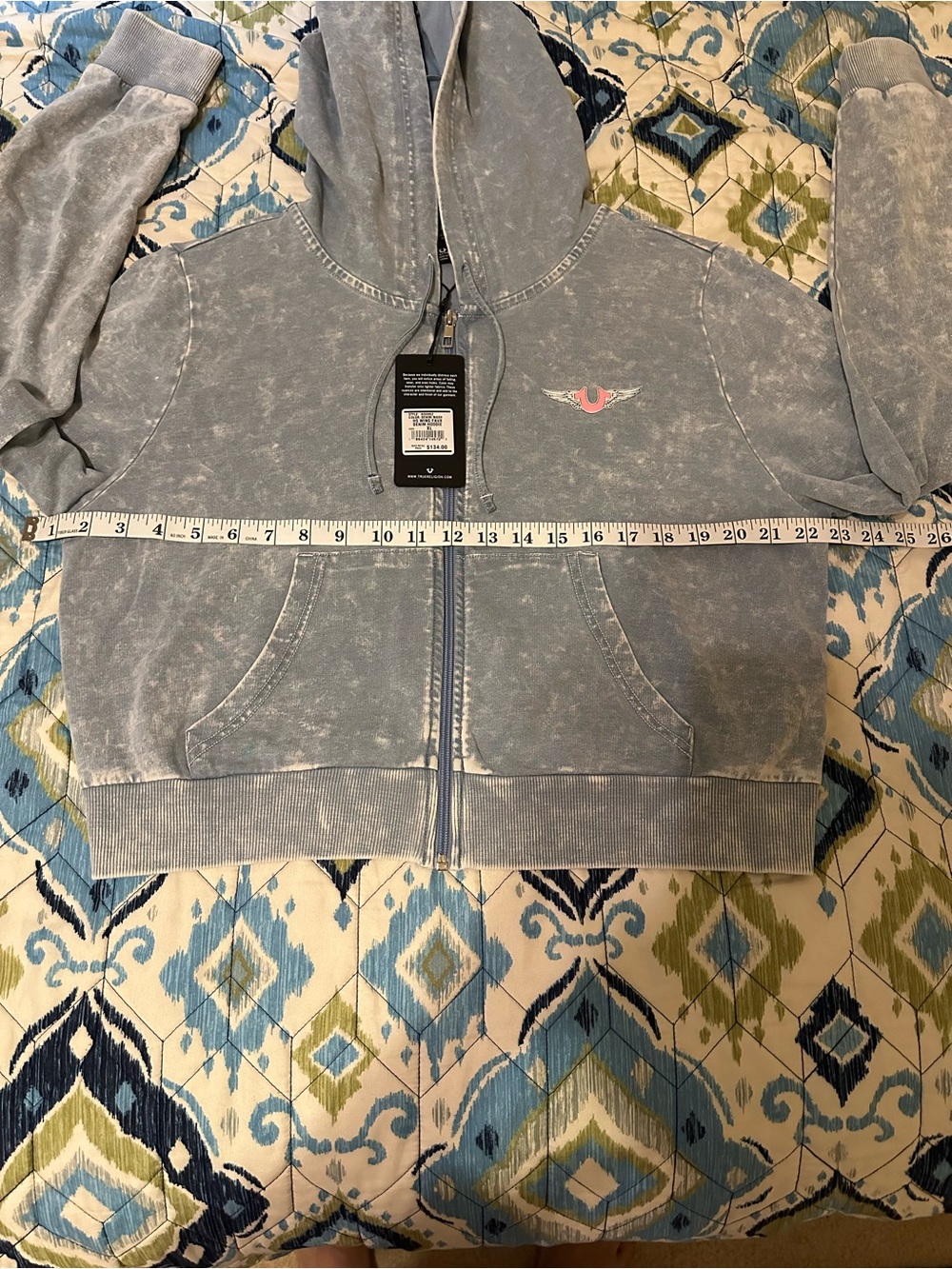 True Religion Light Blue Acid Wash Hoodie with Pink Logo. Size XL NWT - Picture 8 of 10